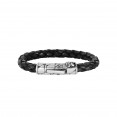 Silver With Rhodium Finish 8Mm Textured Woven Black Woven Leather Bracelet With Large  Fleur De Lis Clasp
