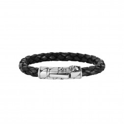 Silver With Rhodium Finish 8Mm Textured Woven Black Woven Leather Bracelet With Large  Fleur De Lis Clasp
