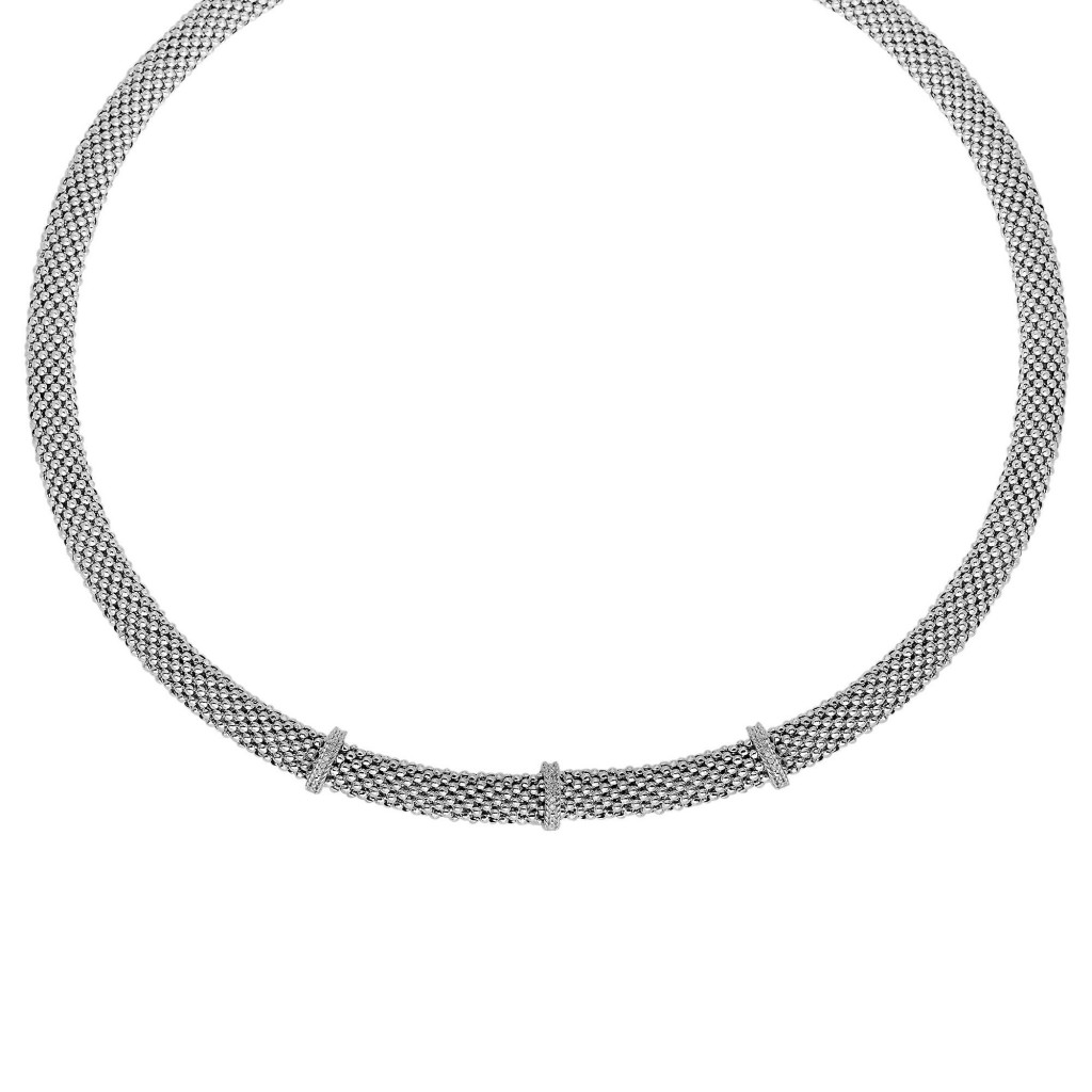 Silver 17In Popcorn Texture  Necklace With Diamond Bar Stations