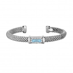 Silver Popcorn Cuff Bangle With Diamonds And Baguette Blue Topaz