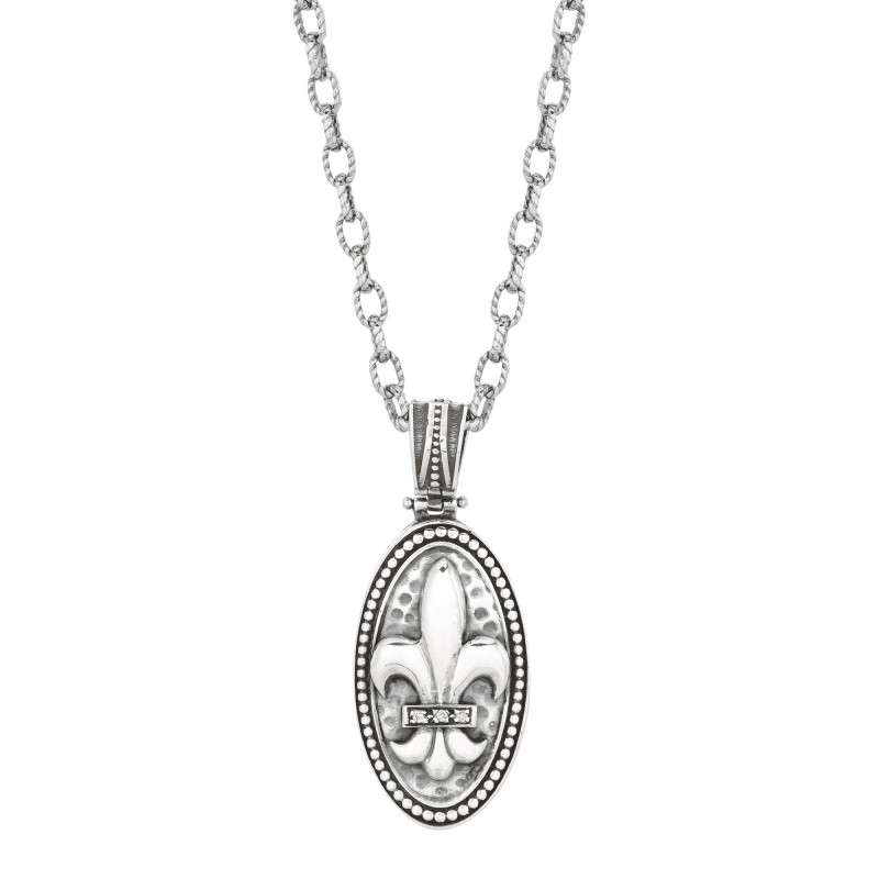Silver Oval Fleur De Lis Pendant With Diamond