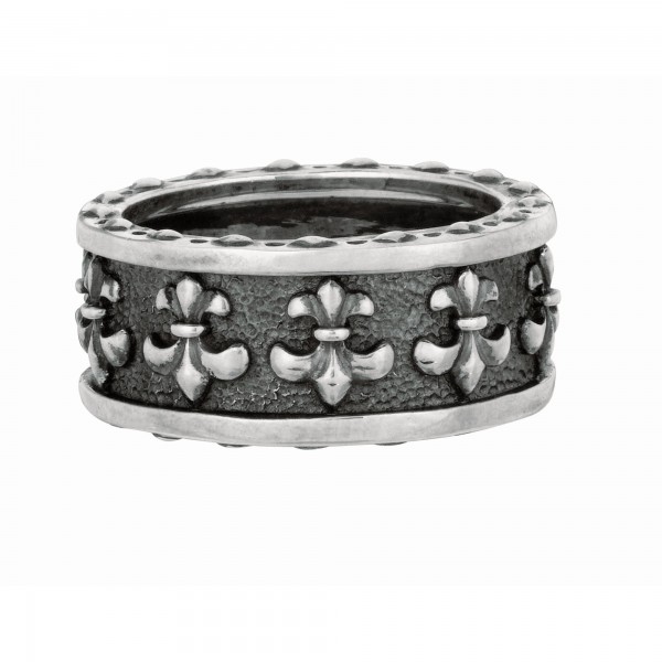 Silver Black Rhodium Textured  Fleur De Lis Ring