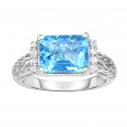 Silver Rhodium Finishwoven Ring With Large Rectangular Light Swiss Blue Topaz And White Sapphire