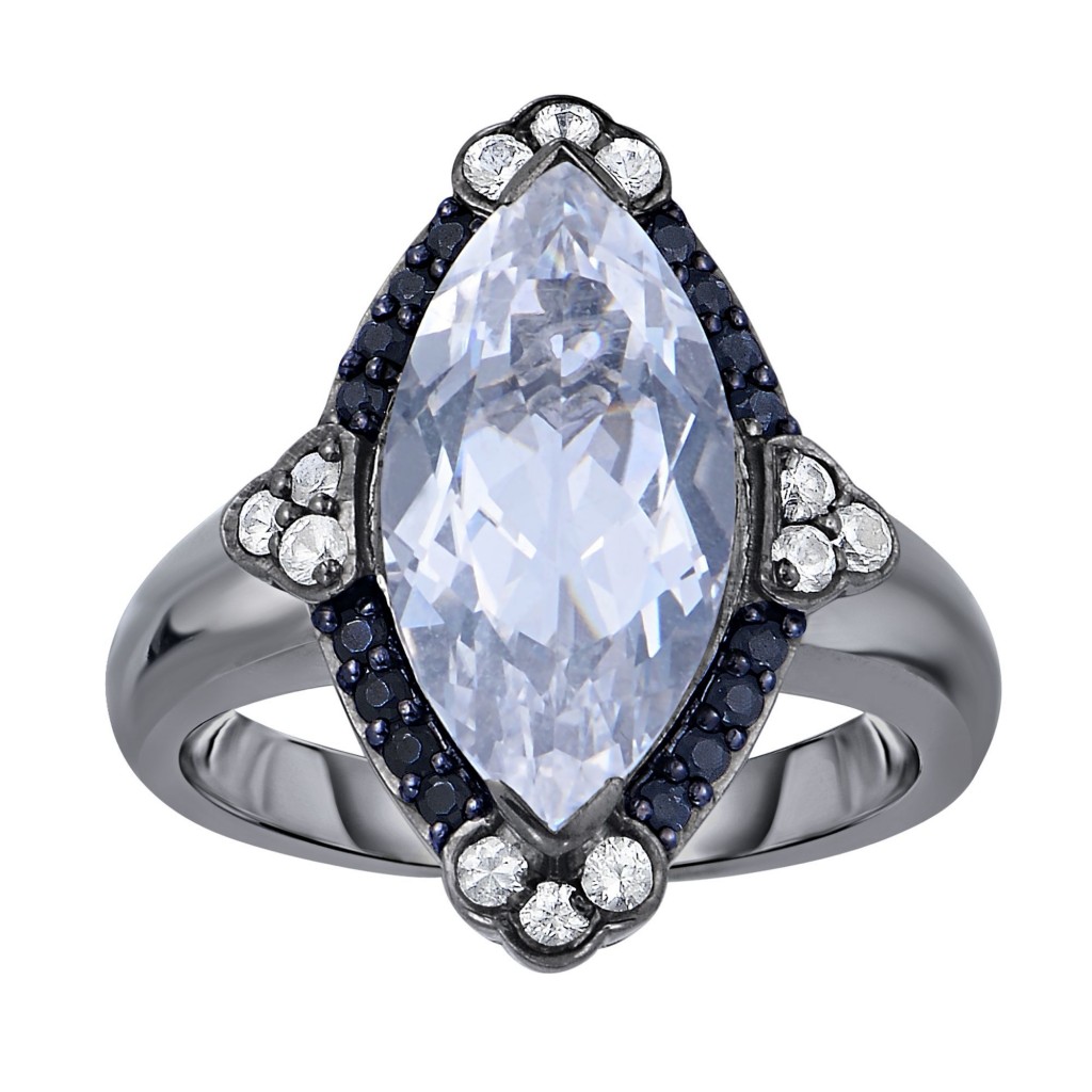 Silver Gem Candy Marquis Ring  With Rock Crystal Quartz, Black And White Sapphire