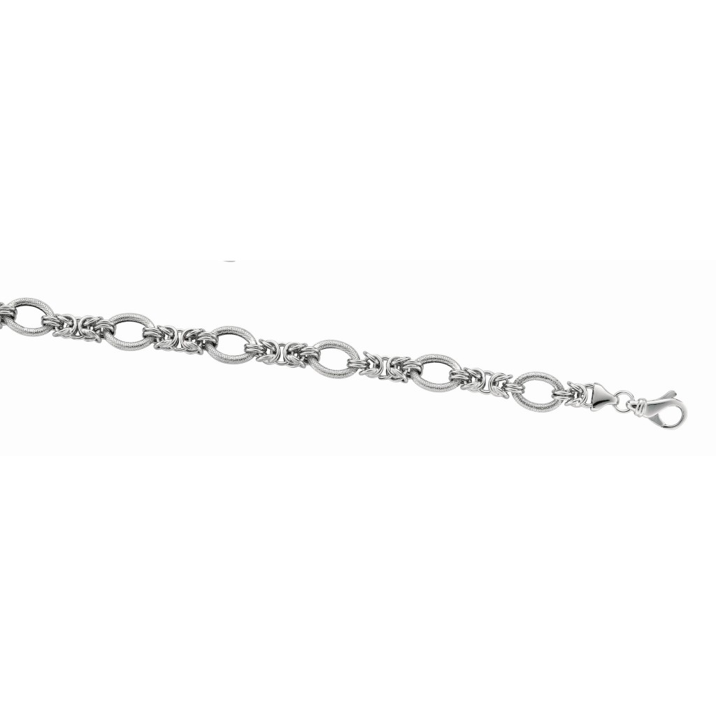 Silver Rhodium Finish Shiny Textured Italian Cable Bracelet With Lobster Clasp