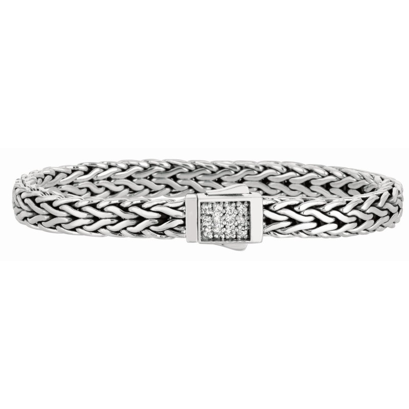 Silver  Wide Woven Bracelet With Square Box Clasp With White Sapphires