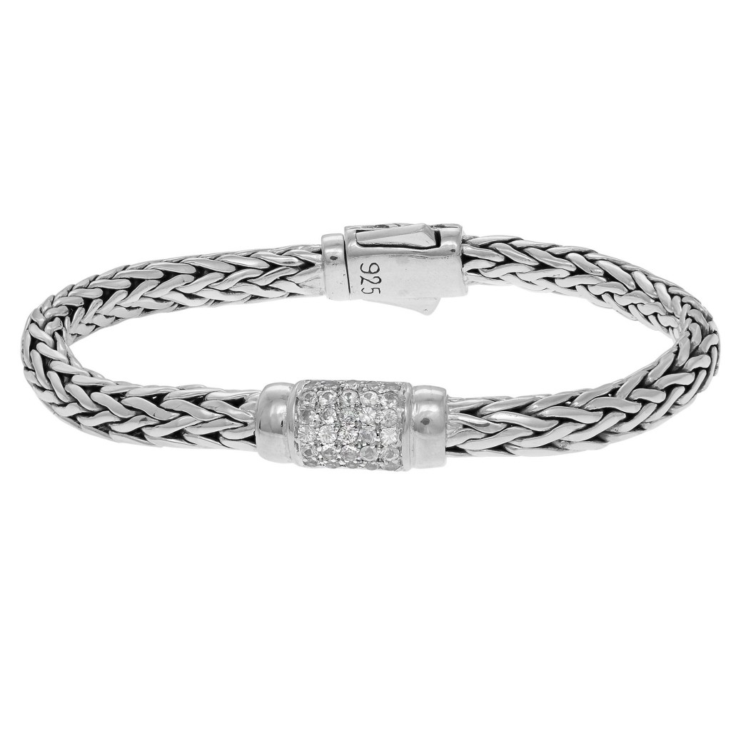 Silver 4X6Mm  Woven Bracelet With  White Sapphire