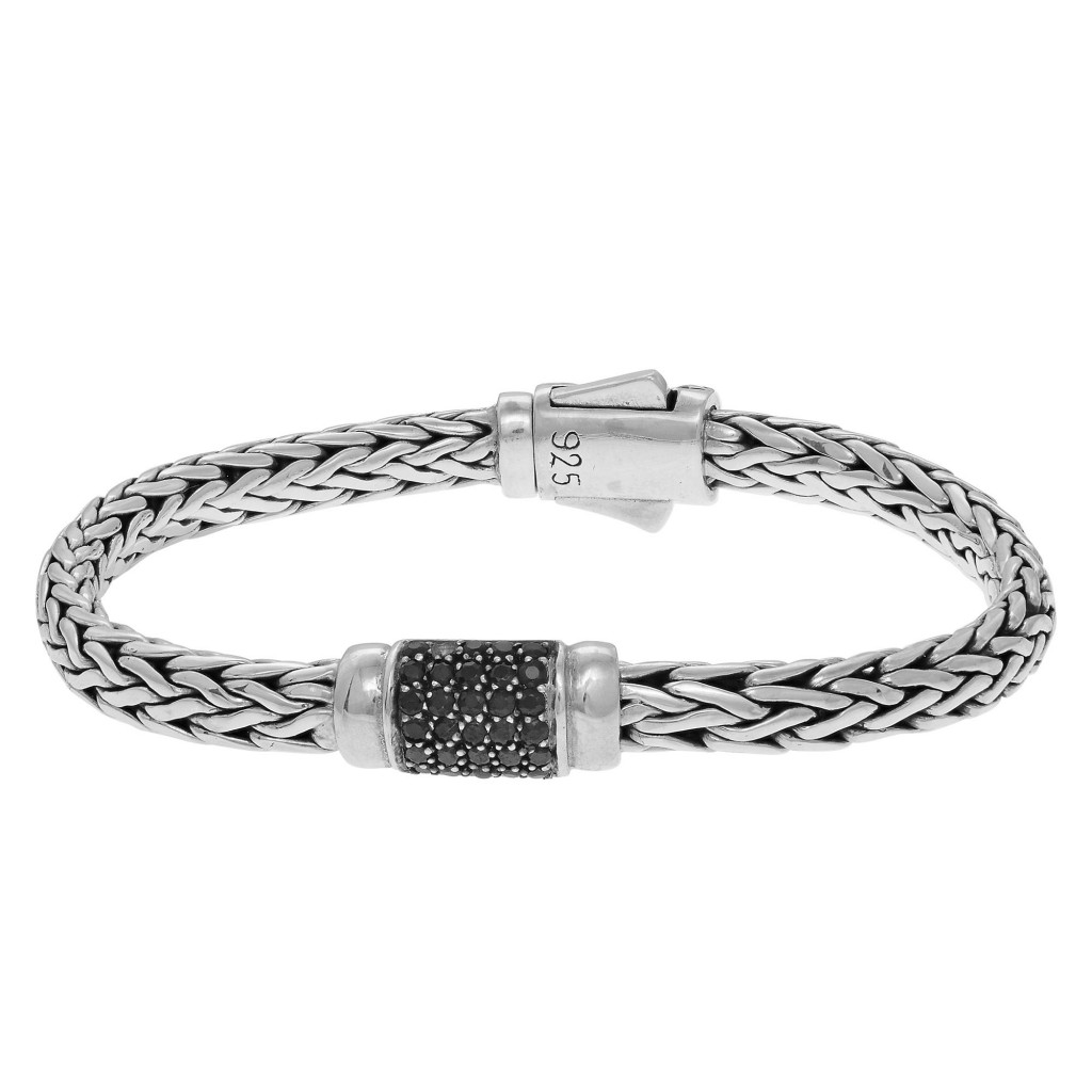 Silver  4X6Mm  Woven Bracelet With  Black Sapphire