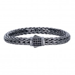 Silver Black Rhodium Finish  Woven Bracelet With Box Clasp And Black Sapphire
