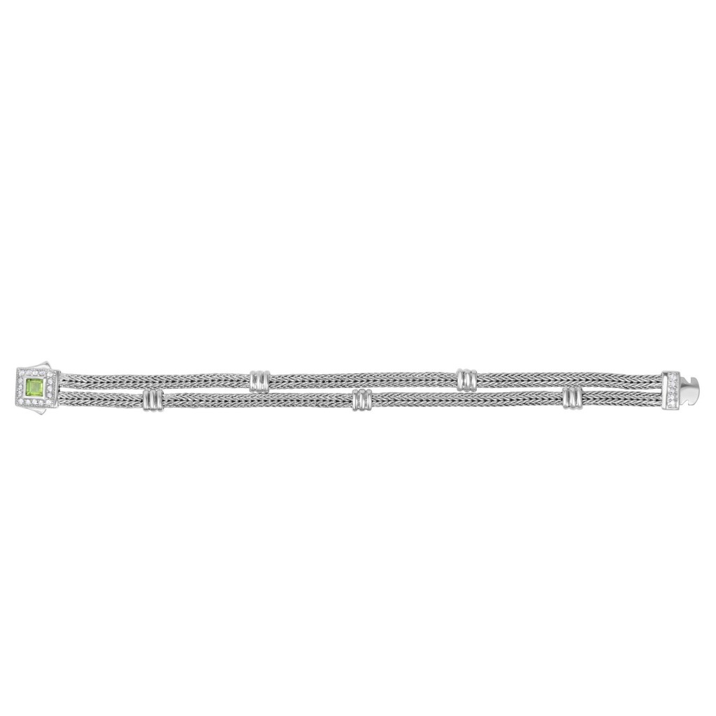 Silver Double-Strand Woven Bracelet With Cushion Peridot And White Sapphire