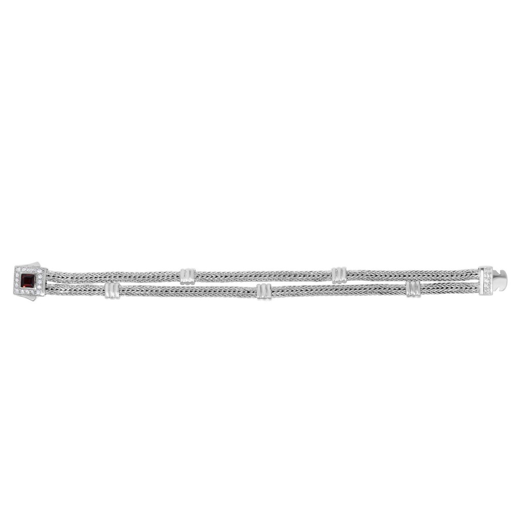 Silver Double-Strand Woven Bracelet With Cushion Garnet And White Sapphire