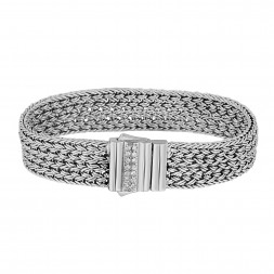 Silver  15Mm Shiny Woven Bracelet With  White Sapphire