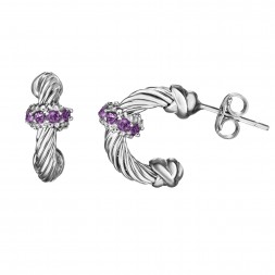 Silver Italian Cable Small Hoop Earrings With Amethyst