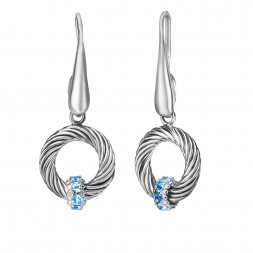Silver Italian Cable Circle Drop Earrings With Blue Topaz