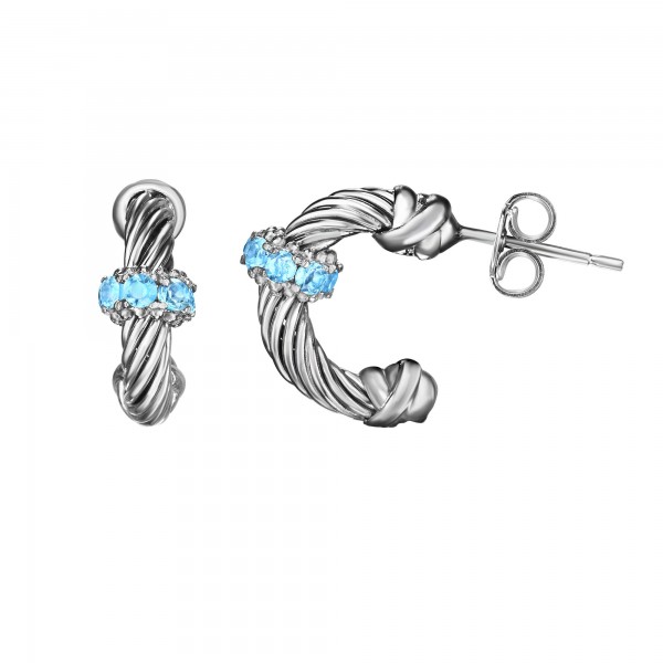 Silver Italian Cable Small Hoop Earrings With Blue Topaz