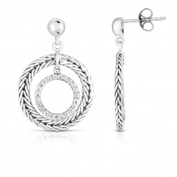 Woven Silver Round Drop Earrings With White Sapphires