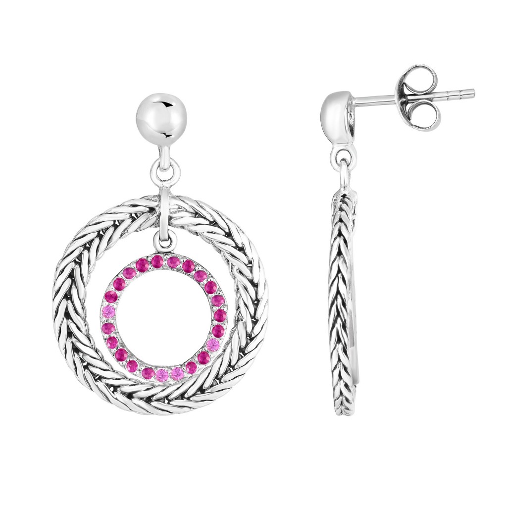 Woven Silver Round Drop Earrings With Pink Sapphires