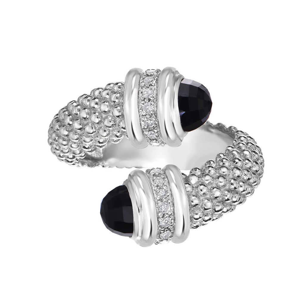 Silver Popcorn Bypass Ring With Diamonds And Black Onyx
