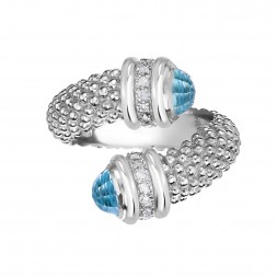 Silver Popcorn Bypass Ring With Diamonds And Blue Topaz