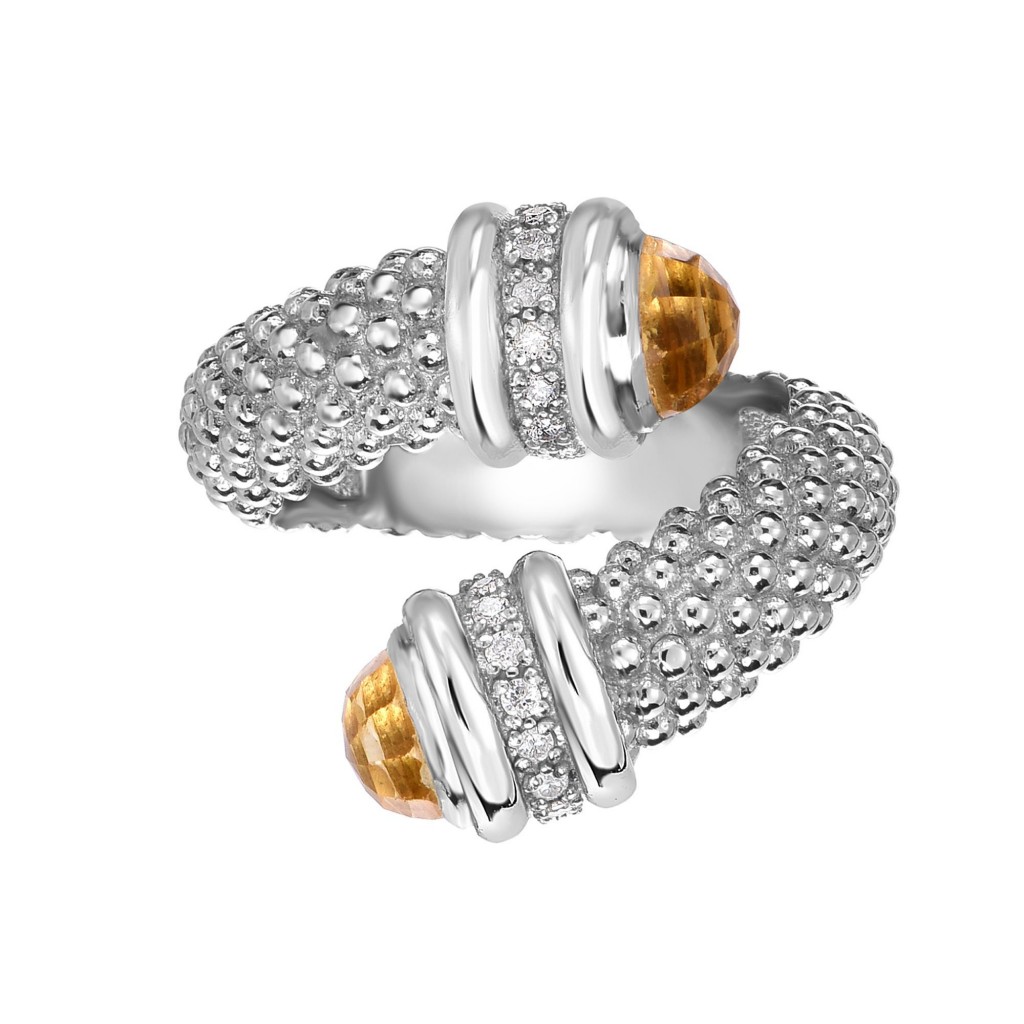 Silver Popcorn Bypass Ring With Diamonds And Citrine