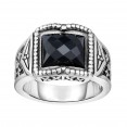 Silver Oxidized Engraved Square Black Onyx Ring
