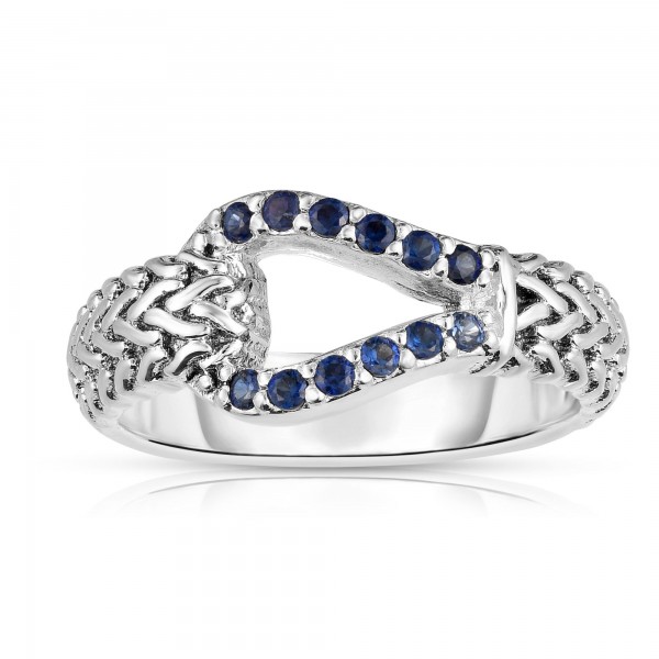 Woven Silver Hook Ring With Blue Sapphires.