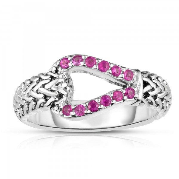 Woven Silver Hook Ring With Pink Sapphires.