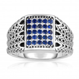Woven Silver Men'S Signet Ring With Blue Sapphires.