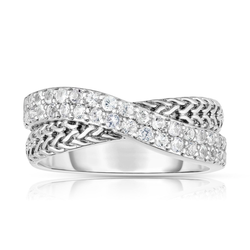 Woven Silver Crossover Ring With White Sapphires.