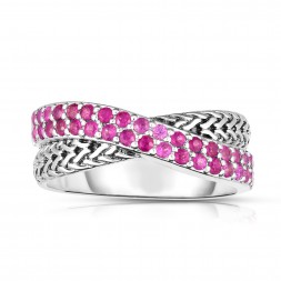 Woven Silver Crossover Ring With Pink Sapphires.