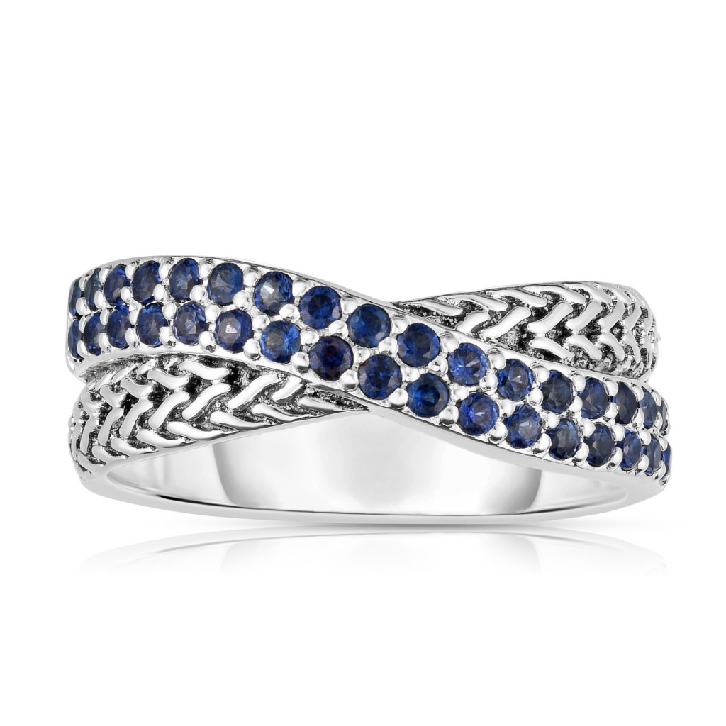 Woven Silver Crossover Ring With Blue Sapphires.