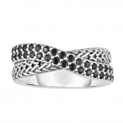 Woven Silver Crossover Ring With Black Sapphires.