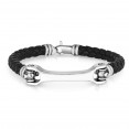 Men'S Silver Bar Bracelet With Woven Black Leather