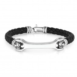 Men'S Silver Bar Bracelet With Woven Black Leather