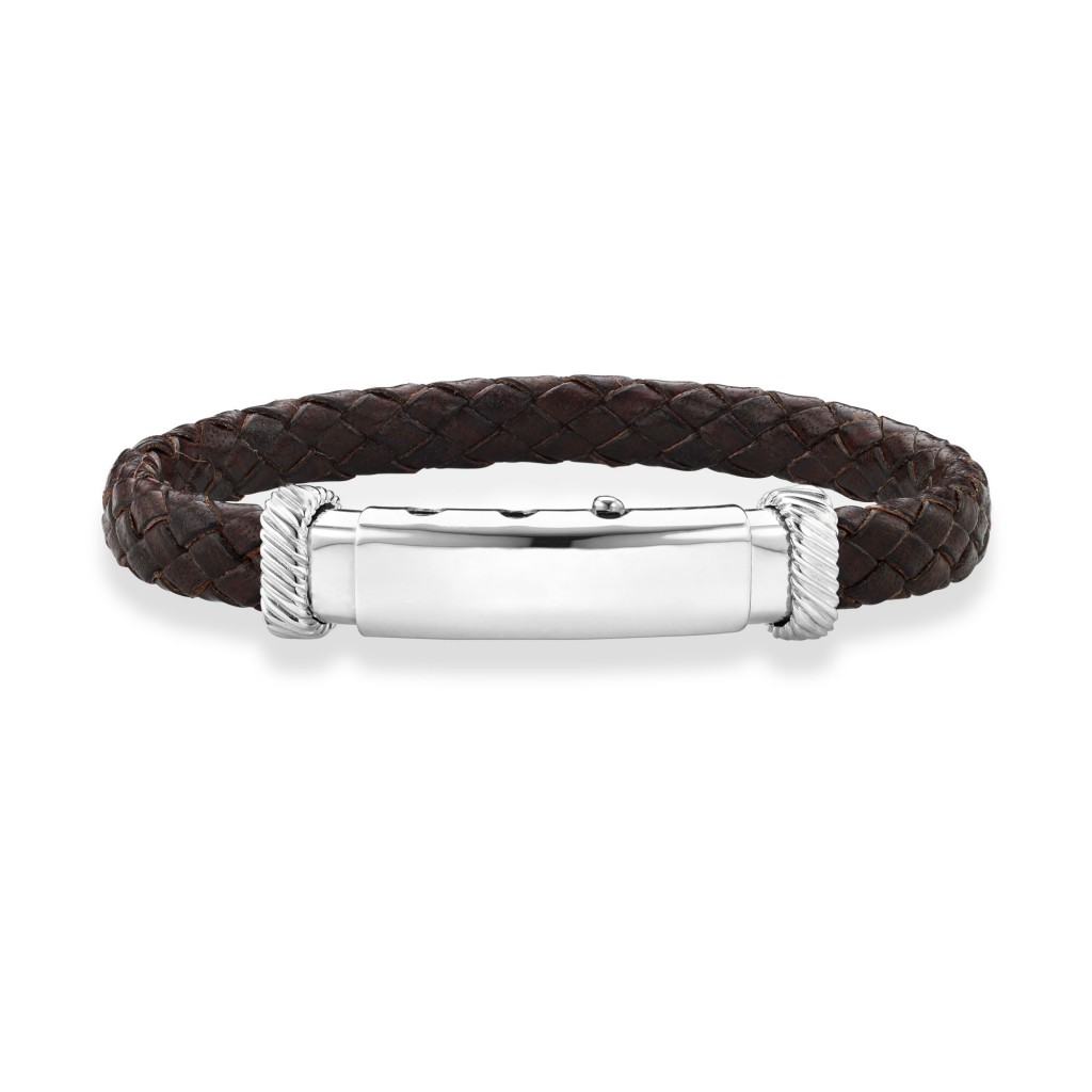 Adjustable Bracelet In Sterling Silver And Flat Brown Italian Leather