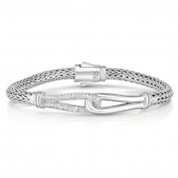 Woven Silver Large Interlocking Link Bracelet With White Sapphires