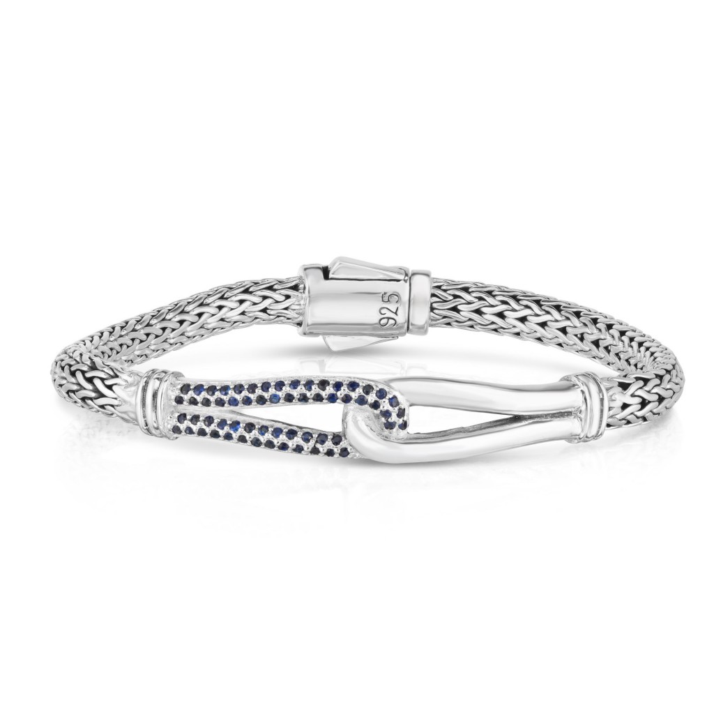 Woven Silver Large Interlocking Link Bracelet With Blue Sapphires