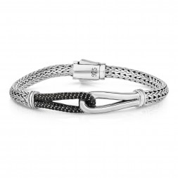 Woven Silver Large Interlocking Link Bracelet With Black Sapphires