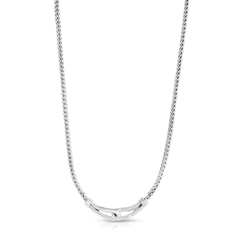 Woven Silver Medium Interlocking Link Necklace With White Sapphires