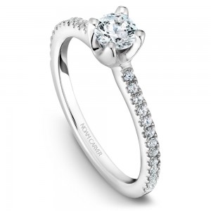 A floral Carver Studio white gold engagement ring with a round center stone and 27 diamonds.