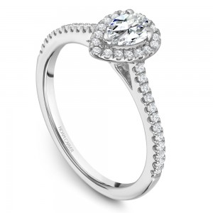 A Carver Studio white gold engagement ring with a pear halo and 45 diamonds.