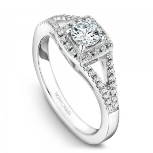 A Carver Studio white gold engagement ring with a split band, a cushion halo and 49 diamonds.