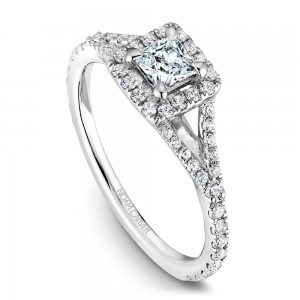 A Carver Studio white gold engagement ring with a square halo and 55 diamonds.
