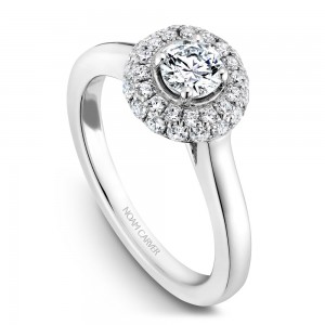 A floral Carver Studio white gold engagement ring with 35 diamonds.
