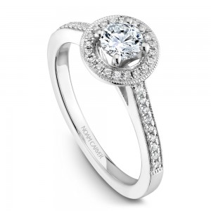 A Carver Studio white gold engagement ring with a halo and 39 diamonds.