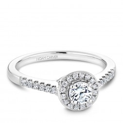 A Carver Studio white gold engagement ring with a halo and 29 diamonds.
