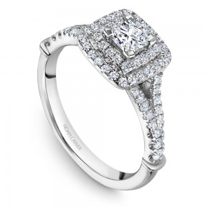 A Carver Studio white gold engagement ring with a double square halo and 67 diamonds.
