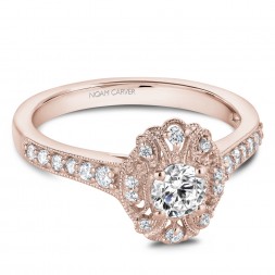 A modern Carver Studio rose gold engagement ring with 29 diamonds.