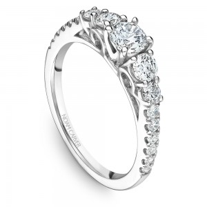 A 3-stone Carver Studio white gold engagement ring with 17 diamonds.
