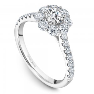 A floral Carver Studio white gold engagement ring with a halo and 23 diamonds.